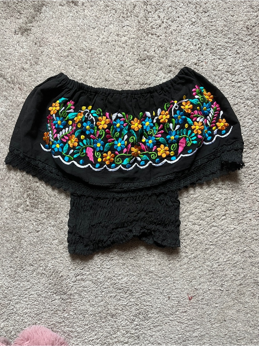 Black Off-Shoulder Embroidered Floral Top